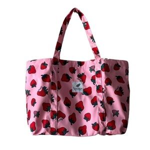 Thrifting, shopping strawberry print pink and red shopping and laundry bag‎